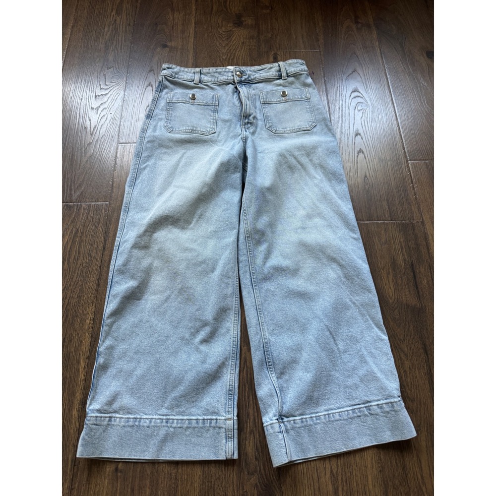 H&M Womens Light Wash Wide Leg Cropped Jeans Size 12 High Rise Patch Pocket
